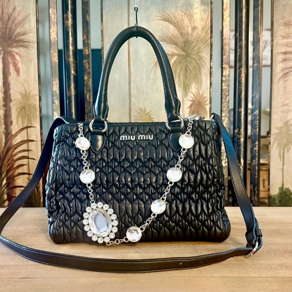 Miu Miu Handbags - Miu Miu Black Matelassé Nappa Leather Crystal 2-Way Handbag Shoulder Tote Bag